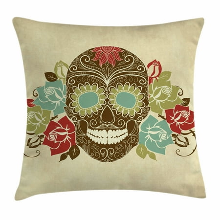 - Sugar Skull Decor Throw Pillow Cushion Cover, Skull and Roses Colorful Vintage Composition Smiling Gothic Face Artistic, Decorative Square Accent Pillow Case, 18 X 18 Inches, Multicolor, by Ambesonne