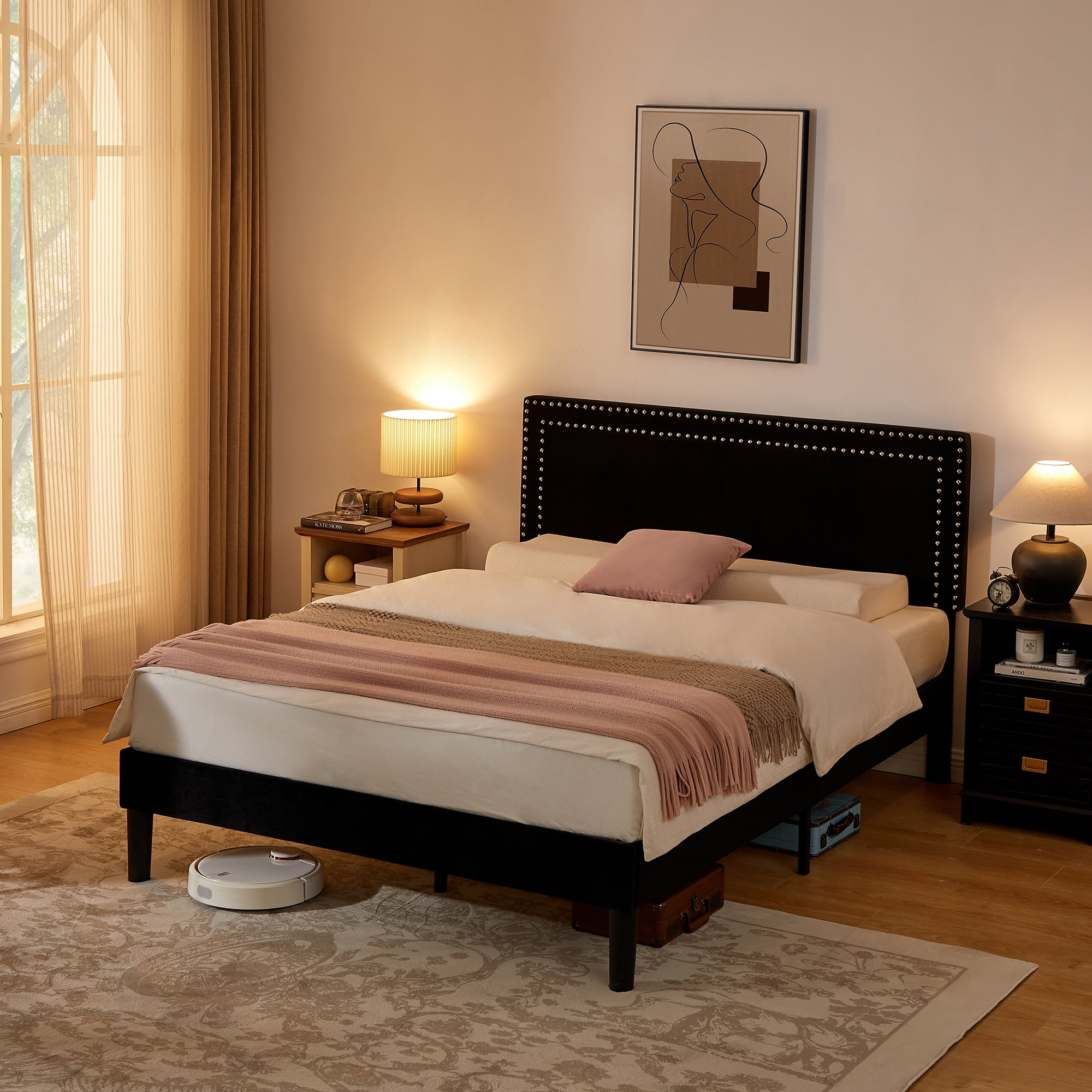 VECELO Queen Size Platform Bed Frame, Modern Upholstered Bed Frame with Adjustable Height & Nailhead Trim Headboard, No Box Spring Needed, Easy Assembly, Black