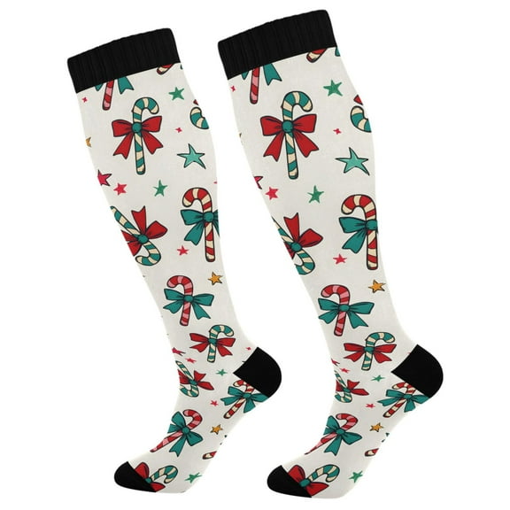 joogoo Christmas Candy Cane Bows Long Socks Women Men Knee High Sock