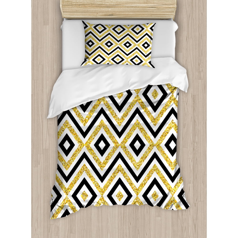 Geometric Duvet Cover Set Twin Size, Ethnic Motif of Zig Zag and