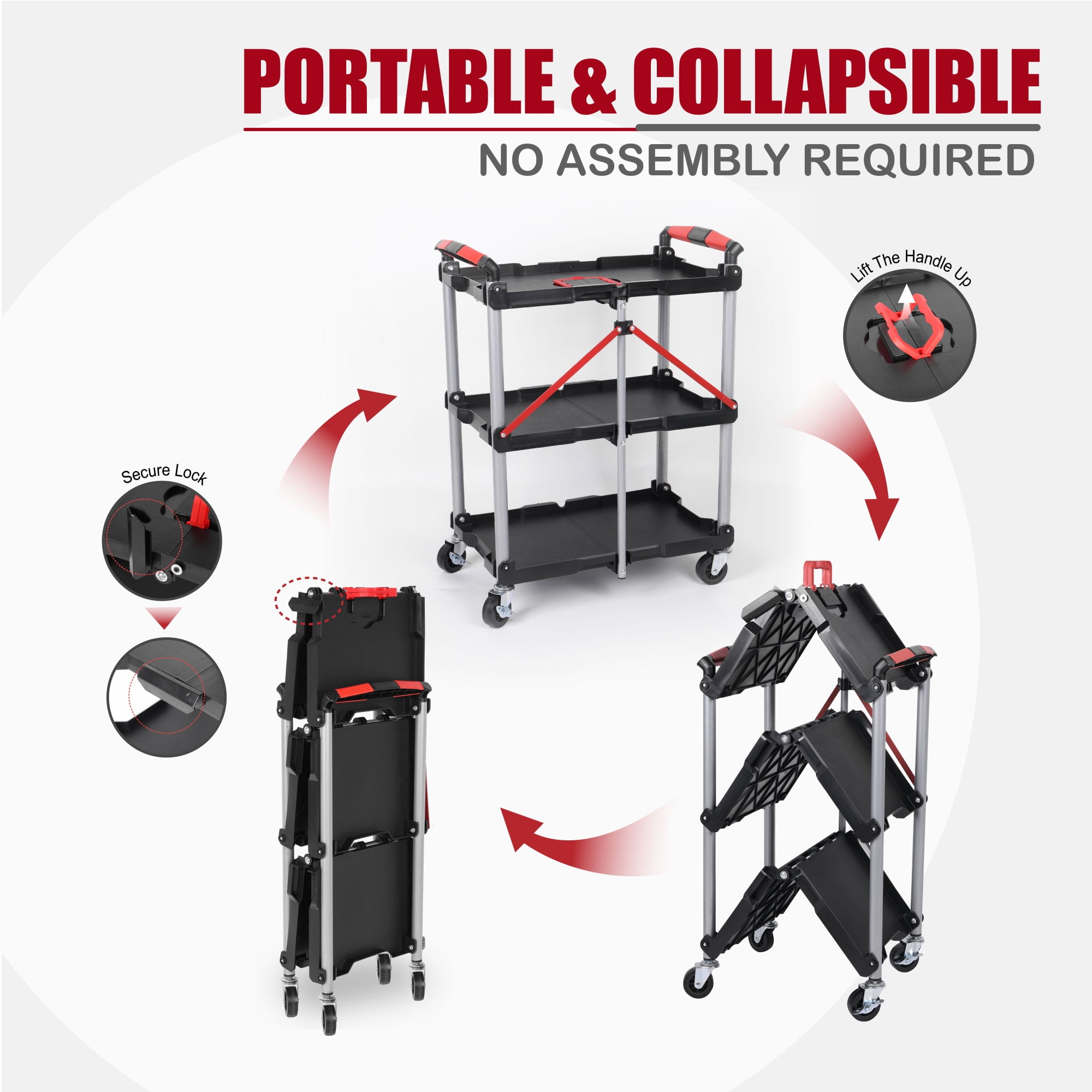 3-Tier Folding Collapsible Service Cart with Wheels,240lb Utility Foldable Service Cart,Portable Garage Tool Cart for Warehouse Office Home