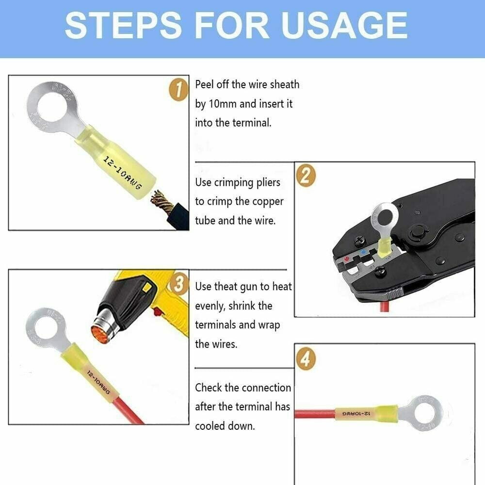 100pcs Insulated Heat Shrink Ring 12-10AWG #10 Electrical Wire Crimp Connectors