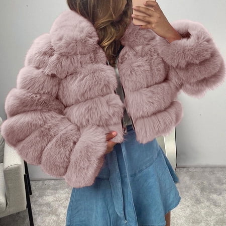 Winter Coats for Women Teen Girls Short Faux Fleece Jacket Sale Plus Size Womens Cute Hooded Furry Splicing Warm Puffer Jacket Tunic Long Sleeve Outerwear Pink qILAKOG Size M