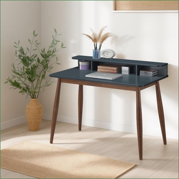 Desks, Mid-Century Modern Rubber Wood Writing Desk with Hutch, Grey | 43 W x 23.6 D x 34.4 H