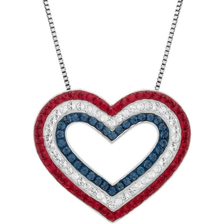 Luminesse Sterling Silver Patriotic Red, White and Blue Heart Pendant with White Swarovski Elements, 18"