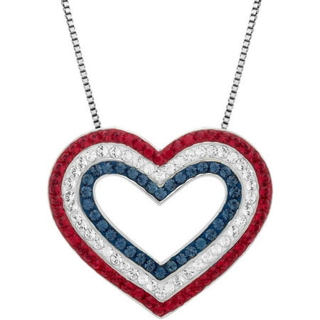 Luminesse Sterling Silver Patriotic Red, White and Blue Heart Pendant with White Swarovski Elements, 18