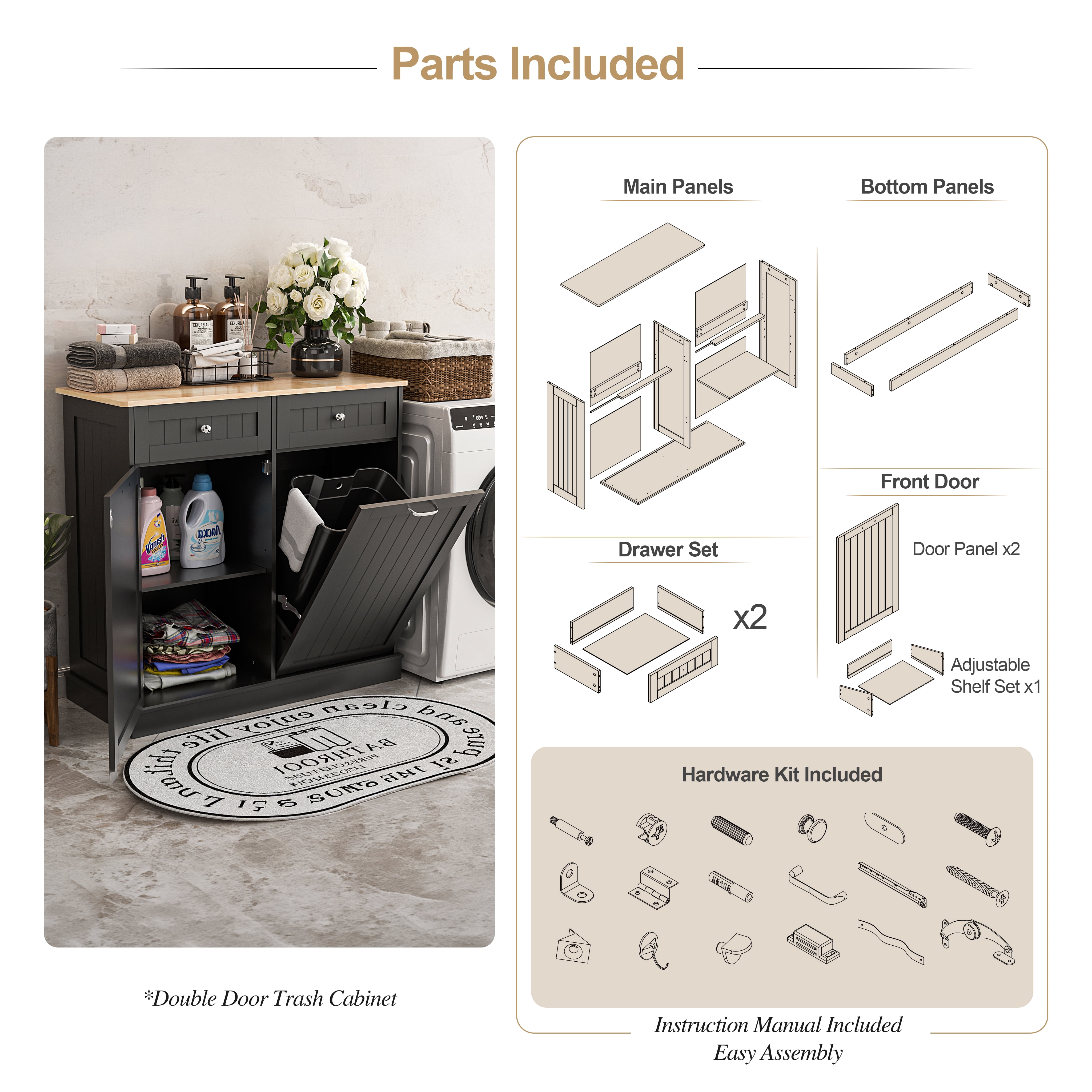 AHB 13 Gallon Single Tilt Out Trash Cabinet with Drawer and Handle, Kitchen Trash Can Storage Organizer, 39.4"L x 14"W x 38.3"H, Black