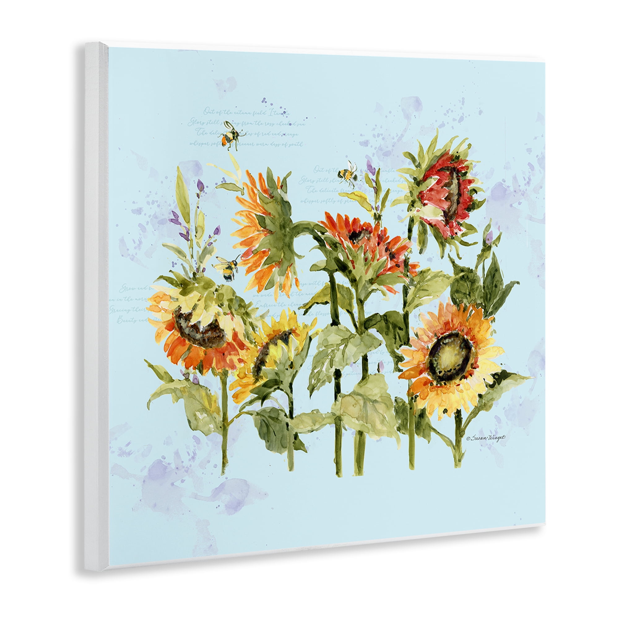 Stupell Industries Sunflowers & Bee on Blue Wall Plaque Art, design by Susan Winget