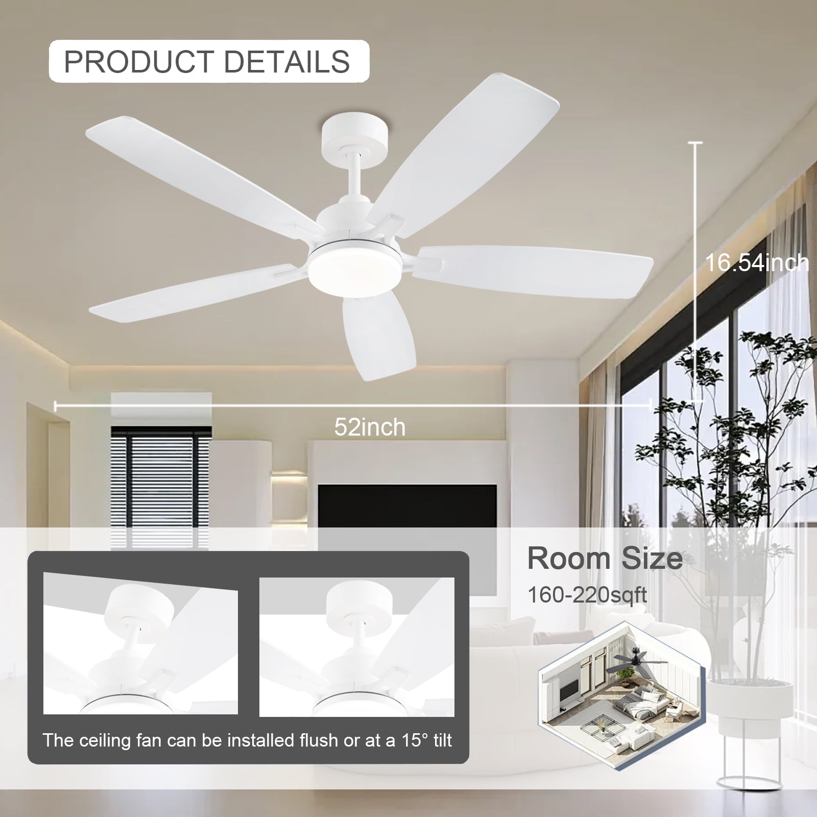 Low Profile Ceiling Fan with Lights, 52 inch Modern White Ceiling Fans with Lights APP/Remote Control,6 Speeds Ceiling Fan Light for Indoor/Outdoor Patio Bedroom Living Room