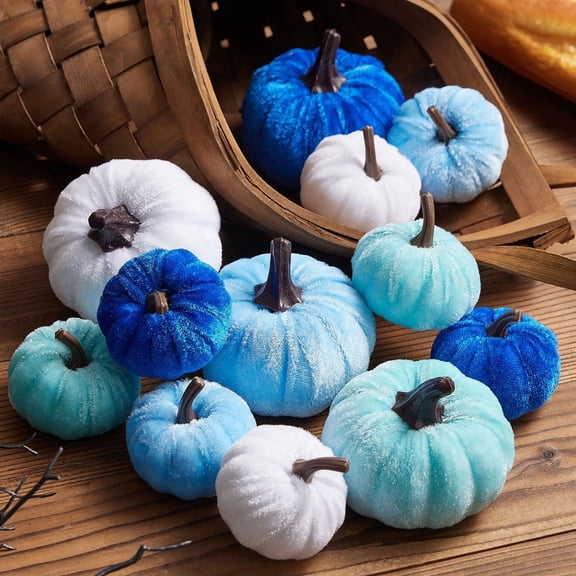 12 Pcs Small Velvet Pumpkins Artificial Pumpkins 2 Sizes for Fall Decor Wedding Thanksgiving Halloween Party Table Centerpiece Farmhouse Decoration, Blue