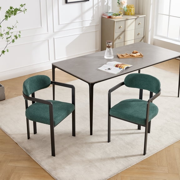 HUMEHA Set of 4 Boucle Dining Chair Antique Green Black Metal Legs