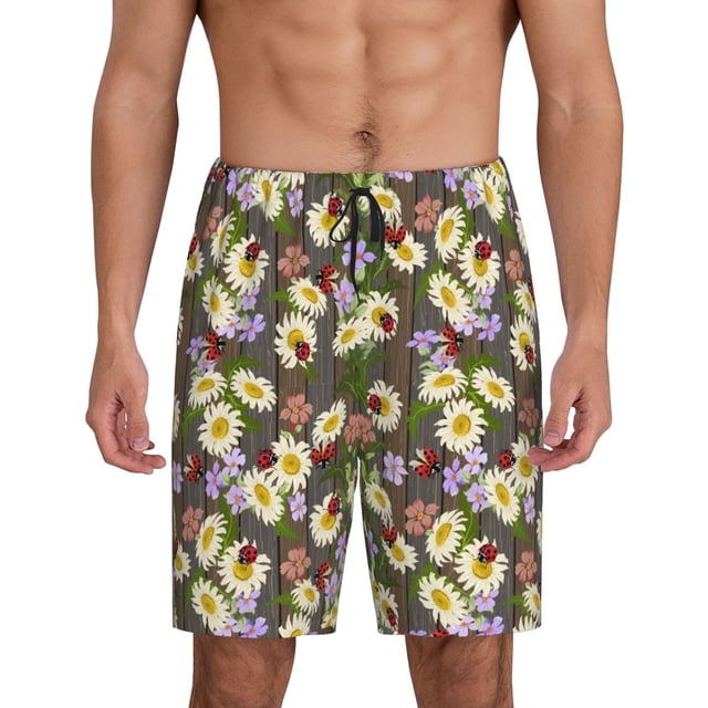 Balery Ladybugs And Flowers On A Wooden Pantalones cortos de pijama de punto de algodón para hombre con cinturilla y bolsillos-Large