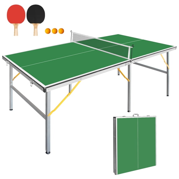 HooKung 6FT 72''x36'' Ping Pong Table Foldable Midsize Table Tennis Table with Net, Paddles and Balls, MDF Multi-Use Family Game Table Assembly Free for Kid Teenager Adult, Compact & Portable