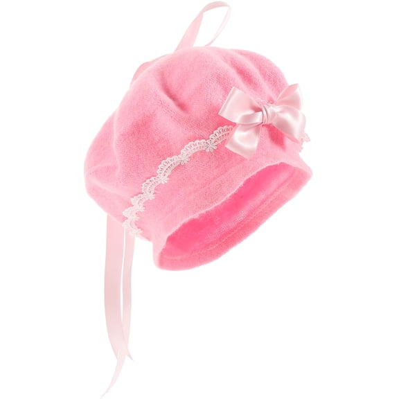 Supvox Women Beret Hat Pink Wool Round Bowknot Design for Winter Theme Party 1Set