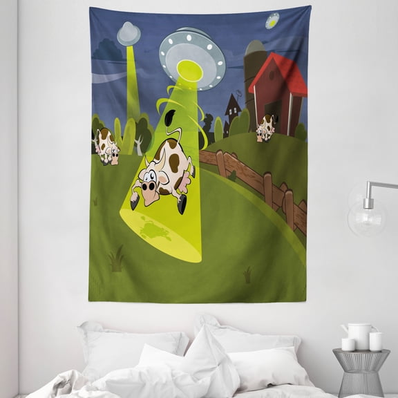 Cartoon Tapestry, Farm Warehouse Grass Fences Cow Alien Abduction Funny Comics Image Artwork Print, Wall Hanging for Bedroom Living Room Dorm Decor, 60W X 80L Inches, Multicolor, by Ambesonne