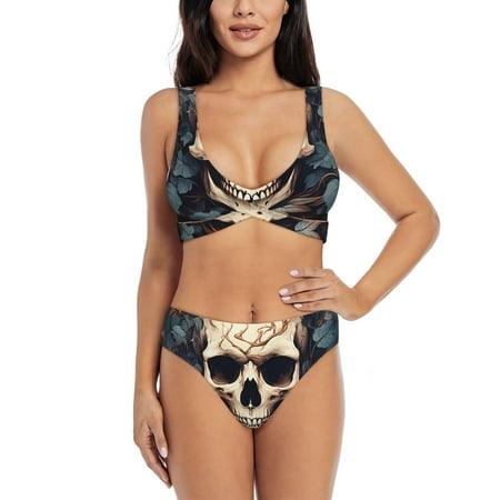 Zeuib Vintage Leaf Flower Skull High Waisted Tummy Control Bikini Set - Knot Front Push Up Top & Cheeky Thong Bottom  Two-Piece Swimsuit for Women-X-Large