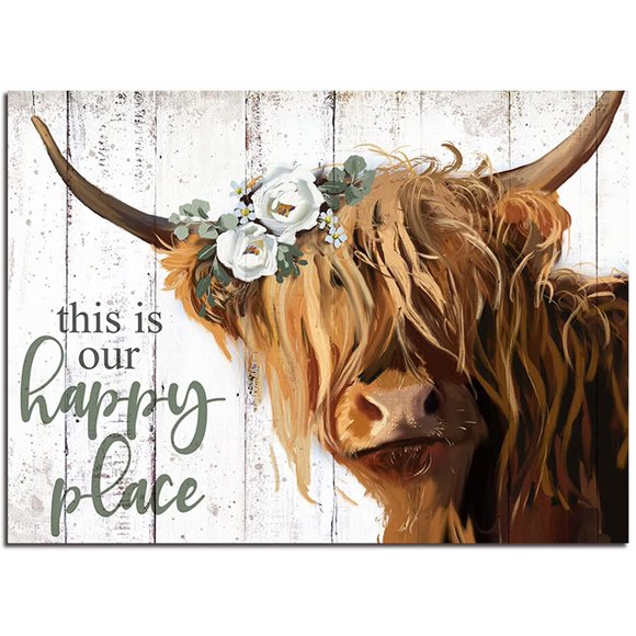 YPY Highland Cow Wall Art - This is Our Happy Place Inspirational Canvas Poster for Home - Long Haired Scottish Cow with White Flower Picture Farmhouse Kitchen Decor Framed (24"x36")