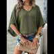 thumbnail image 5 of Camisas Holgadas de Punto Gofre con Cuello en V para Mujer, de Corta, Informales, de Verano 2025, Modernas, Lisas, Y2K. Verde L, 5 of 10