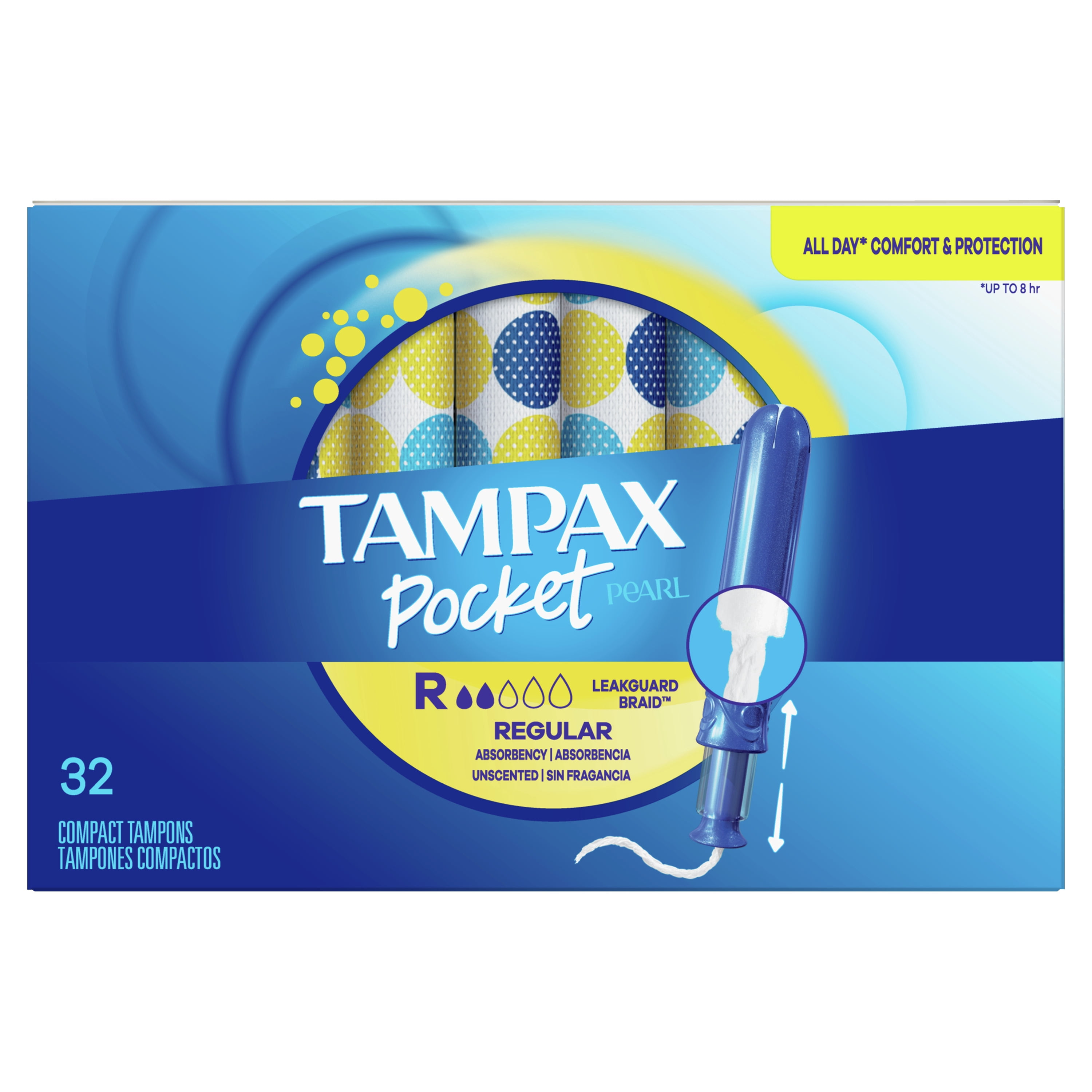Tampax Pearl Compact Tampons with LeakGuard Braid, Regular, 32 Ct