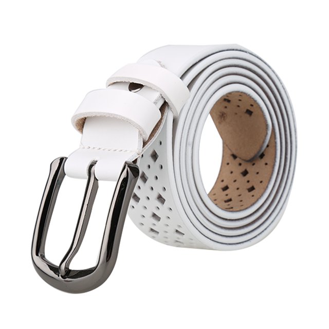 INSPIRE CHIC Unisex Hollow Leather Belts Rectangle Pattern Width 1 1/4' White 125cm