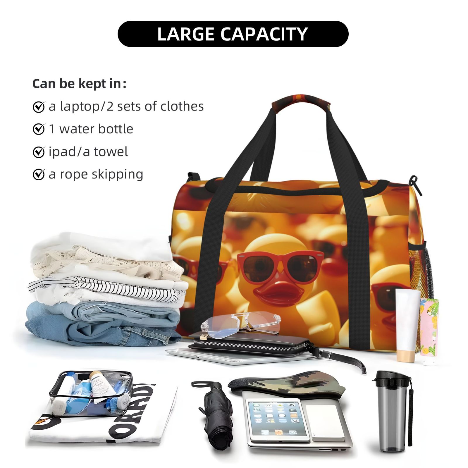Picia Sunglasses Yellow Duck Print Travel Duffle Bag,Weekender Bags for Women with Shoe Compartment, Gym Duffel Bag with Wet Pocket, Hospital Bags for Labor and Delivery