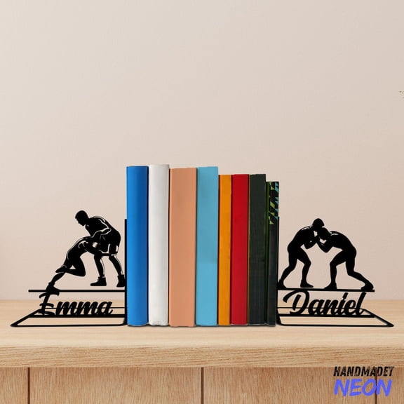 Handmadetneonsign Wrestling Metal Bookends, Wrestler Name Bookend, Sport Table Bookshelf Decor 045345