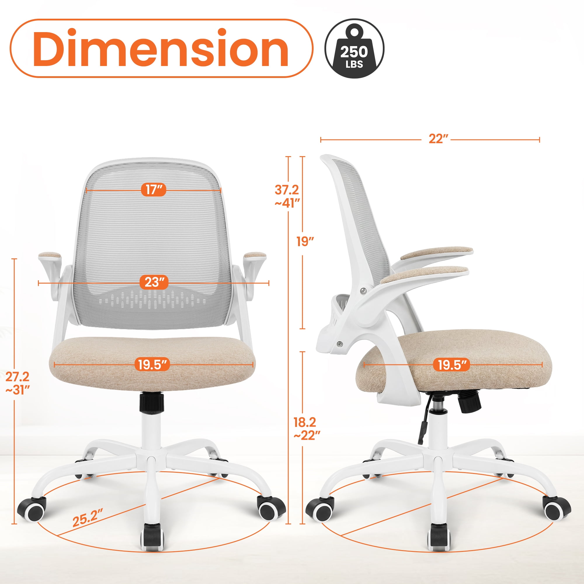 NEO CHAIR Office Chair Gaming Desk Computer Mesh Ergonomic Chair with Flip-up Arms Comfy Lumbar Support Adjustable Height Rolling Wheels Chair for Home Office (Beige)