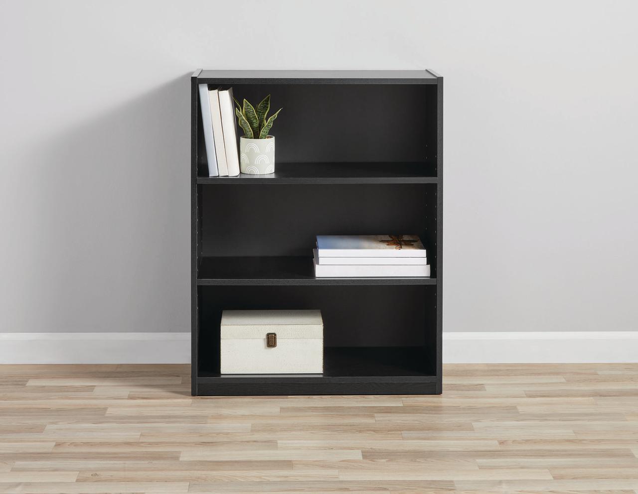 MAINSTAYS 3-SHELF BOOKCASE WITH ADJUSTABLE SHELVES, TRUE BLACK OAK