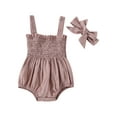 thumbnail image 2 of Baby Summer Jumpsuit Outfit Solid Color Ruched Toddler Girl Casual Sleeveless Suspender Rompers and Headband, 2 of 8