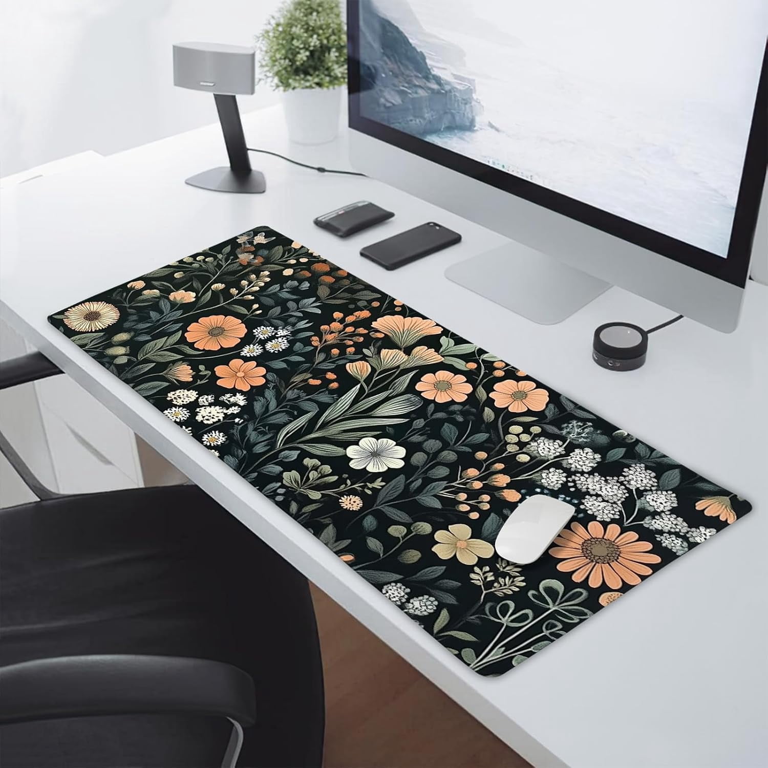 Aesthetic Dark Flower Gaming Mouse Pad XXL Floral Plant Botanical Flowers Extended Big Large Desk Mat Non-Slip Rubber Base Stitched Edge Long Keyboard Mousepad for PC Computer Laptop,35.4×15.7 in
