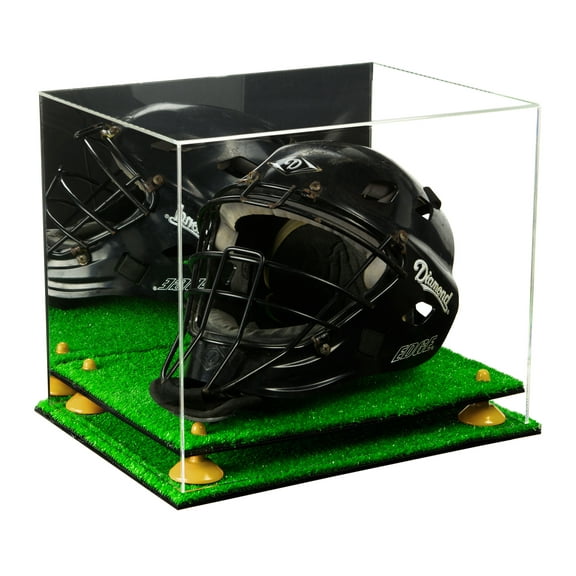 Acrylic Catchers Helmet Display Case with Mirror, Yellow Risers and Turf Base (A002-PR)