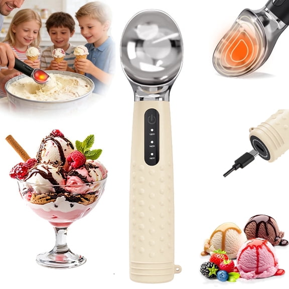 Heated Ice Cream Scoop, Electric Warming Ice Cream Scooper with 3 Temp Settings, Rechargeable Ice Cream Spoon with Ergonomic Handle, for Hard Ice Cream, Frozen Yogurt & Sorbet, Beige