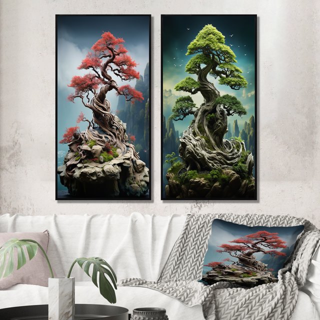 Designart "Bonsaï Sagesse Beauté Asiatique VI" Art Asiatique Encadré Ensemble de 2 - Personnes Rouges Encadrées Ensemble de 2