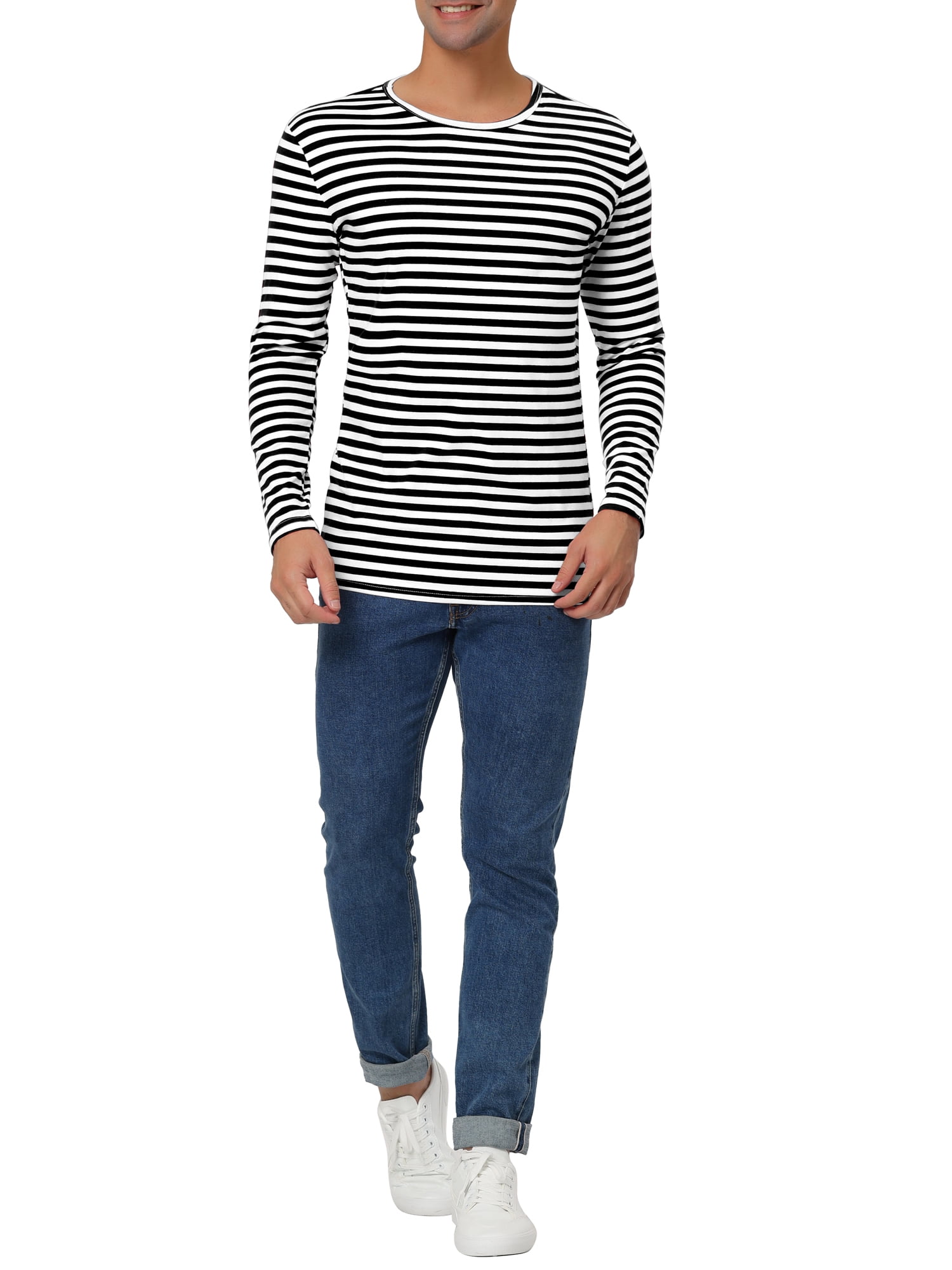 Unique Bargains Men's Long Sleeve Pullover Top Crew Neck Striped T-Shirts 38 White Blacks