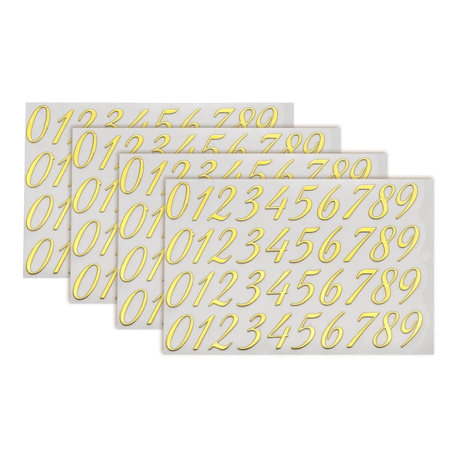 4 Hojas de Etiquetas de Números 0.39" Etiquetas de Números 3D Mini Etiquetas de Números Autoadhesivas de Aleación (Dorado)