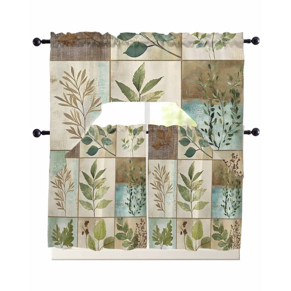 Vintage Leaves Swag Kitchen Curtains Sets for Windows 24 Inch Length, Tree Branch Plant Flower Texture Short Window Curtain Panels Swags Valances and Tiers 3 Piece Set for Cafe/Dining Room