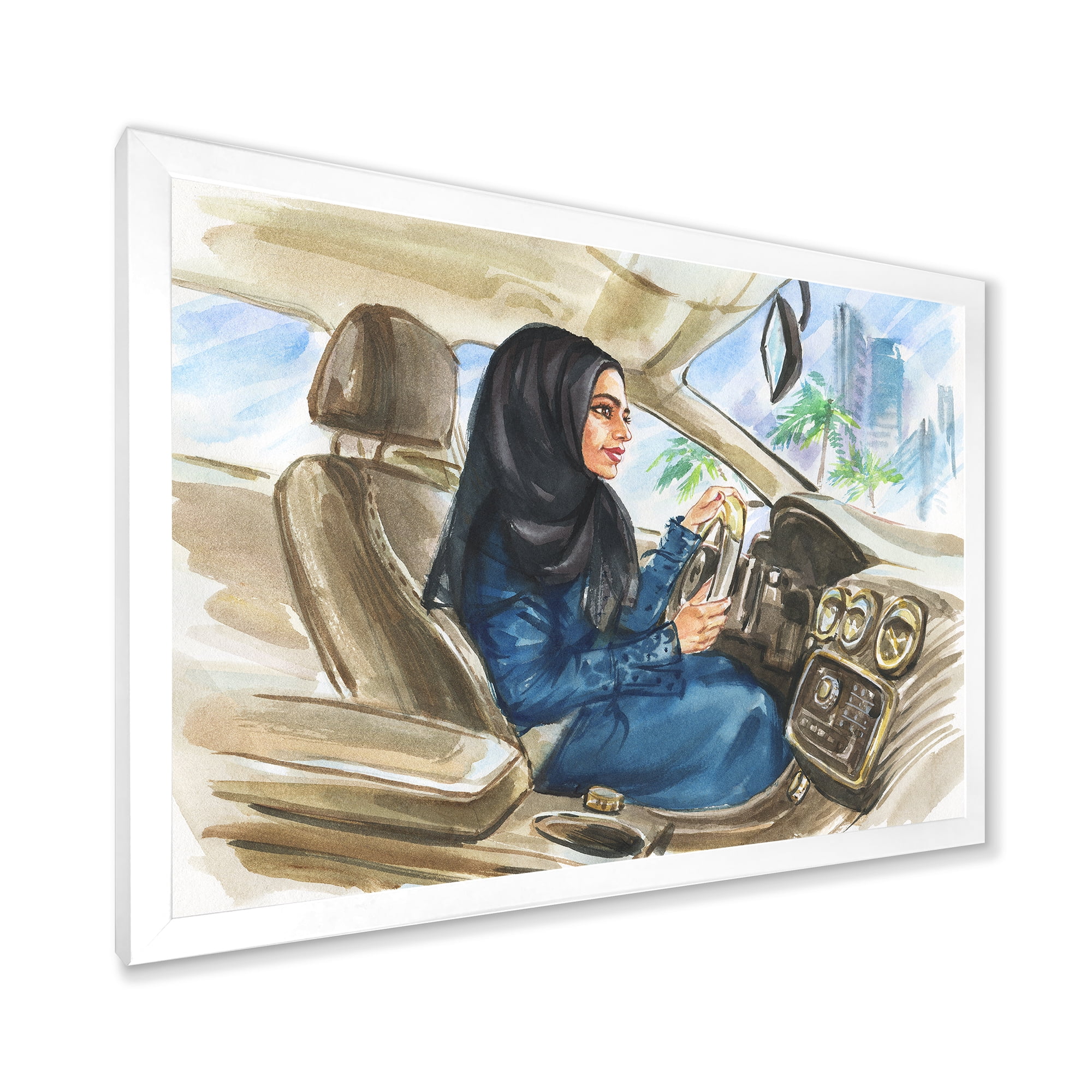 Designart 'Arabian Lady Driving A Car I' Modern Framed Art Print
