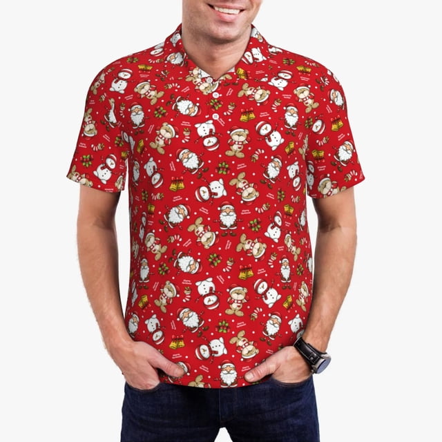 Balery Christmas Santa Cartoon Snowman A Camisa Polo de Hombre con Estampado, de Manga Corta y Tejido Medio, Camisa Tipo Golf Polo-3X-Large