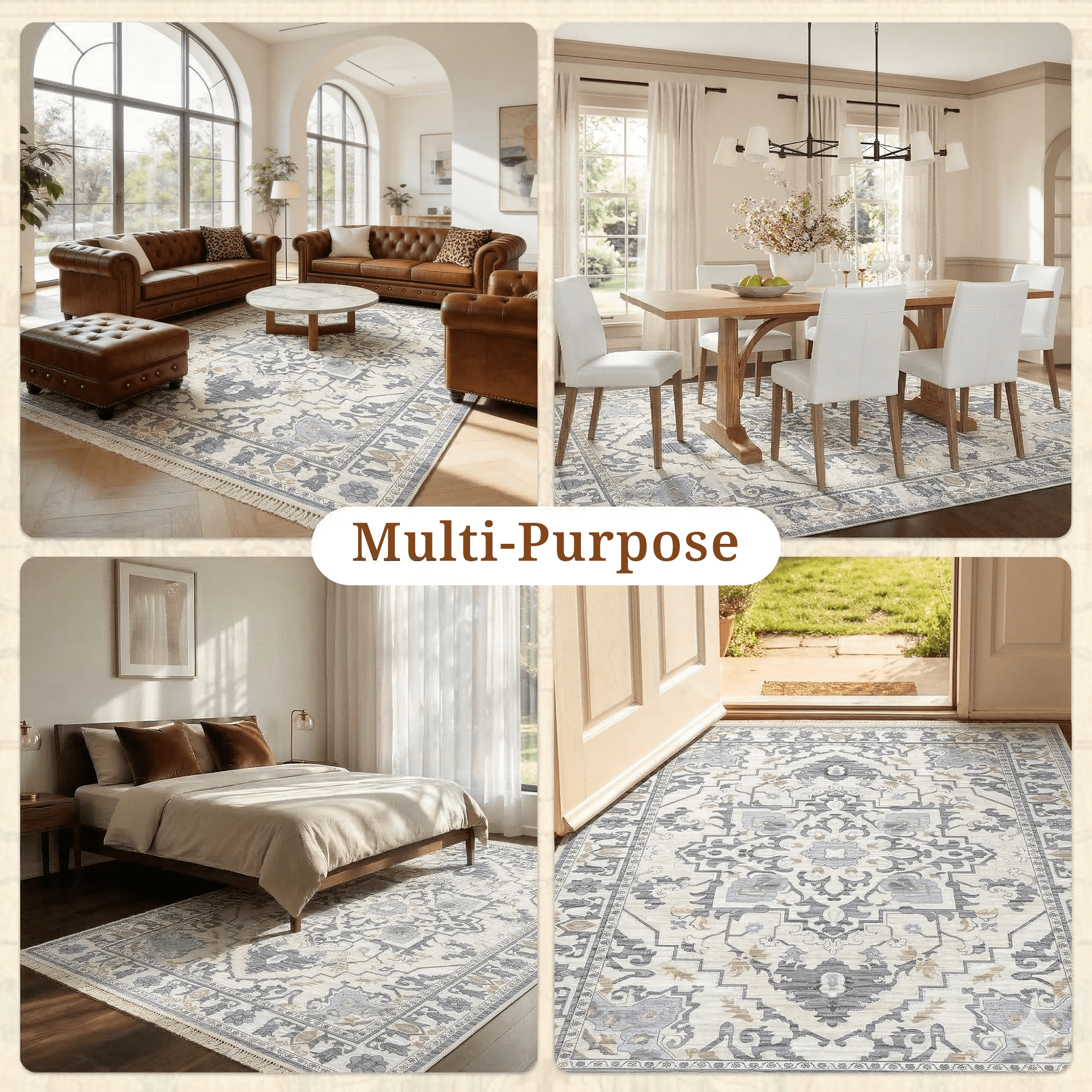 LIFERECORD 9x12ft Boho Area Rug Washable Non-Slip, Modern Geometric Neutral Vintage Low-Pile Carpet for Living Room, Bedroom, Dining Room, Kitchen