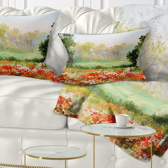Designart Poppy Field with Sky - Landscape Printed Throw Pillow - 12x20