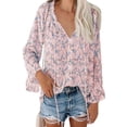 thumbnail image 2 of Tops de manga larga con estampado floral,Blusa de gasa con cuello en V Blusa de manga larga con cordón Tops de manga larga Solución innovadora, 2 of 5