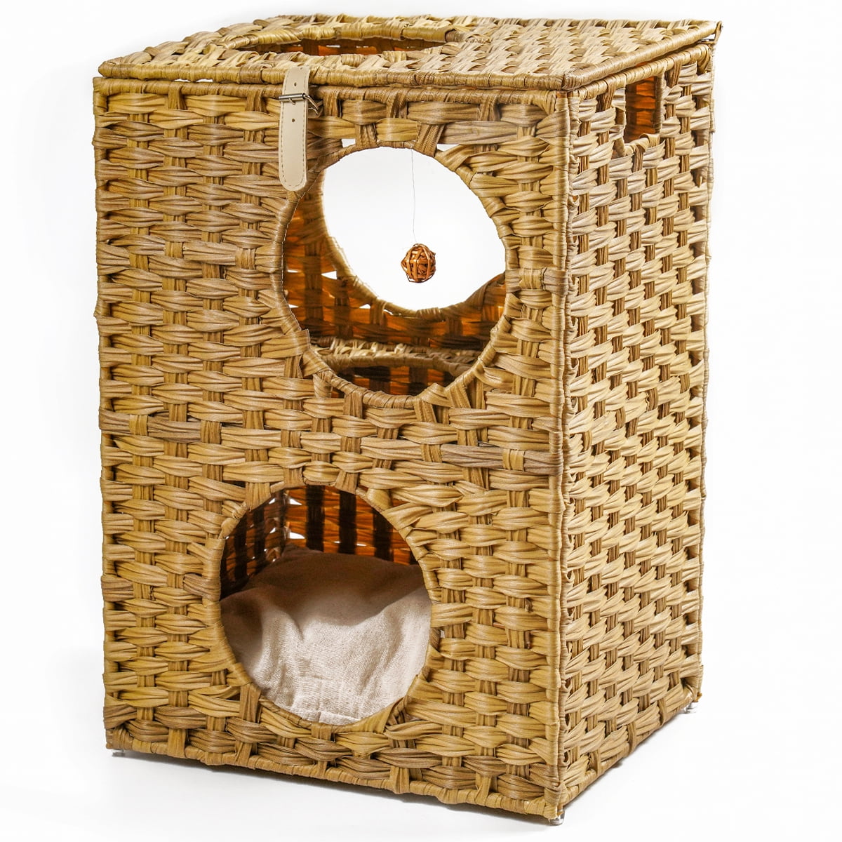 Canddidliike Large Wicker Cat Bed Brown Stackable Condo with Rattan Ball and Mat Canddidliike Large Wicker Cat Bed Brown Stackable Condo with Rattan Ball and Mat
