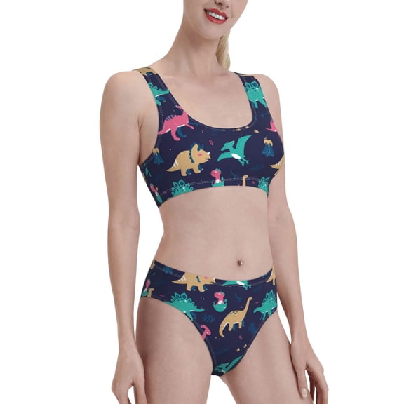 Picia Cartoon Dinosaur Women's High Waisted Bikini Scoop Neck Swimsuit Two Pieces Bathing Suit-Small