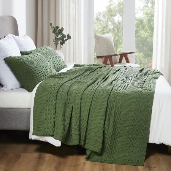 Waffle Weave Olive Green 100% Cotton King Blanket