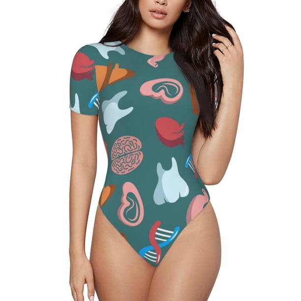 Balery cute Skull organ Body de cuello redondo de manga corta para mujer Tops de manga corta Tops básicos-Large