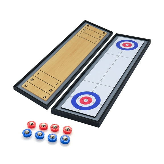 Gymax Shuffleboard & Curling 2 in 1 Board Game w/8 Rolling Pucks Wooden Shuffleboard