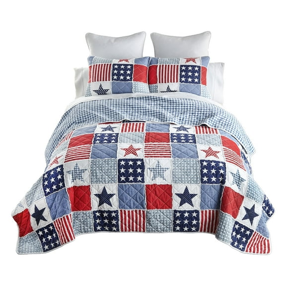 Donna Sharp Star & Stripe 2PC Twin Whole Cloth Cotton w/ Ragging Quilt Set
