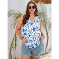 thumbnail image 6 of SHOWMALL Women's Plus Size Summer Tank Top, Soft Stretchy V Neck Pleated Tunic for Travel and Lounge, Blue Chinoiserie Floral 3X Sleeveless Side Slit Casual Layering Sun Shirt, 6 of 8