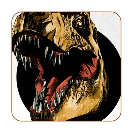 

OWNTA Tyrannosaurus Rex Dinosaur Pattern Premium 6-Piece Square Coaster Set in Microfiber Leather - Non-Slip & Absorbent Cup Mats