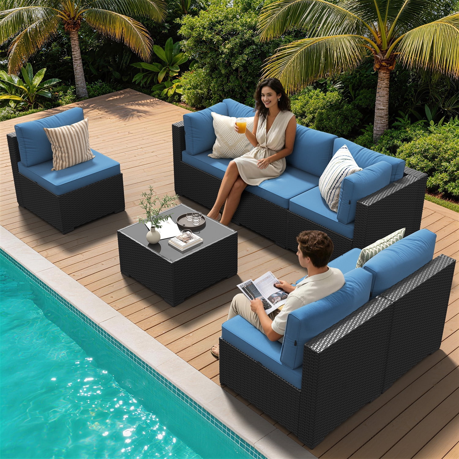 LazySunsets 7 Piece Outdoor Patio Furniture Set, Wicker Rattan Patio Sectional Sofa Set, Peacock Blue